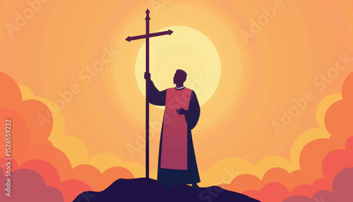 Priest blessing with cross at sunset, spiritual symbolism