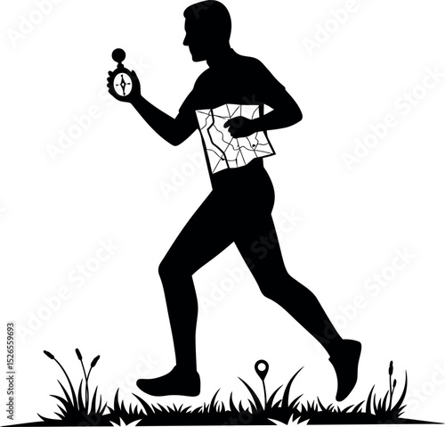 Orienteering Silhouette Vector: Running Athlete with Map and Compass