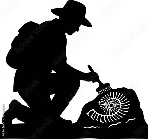 Fossil Hunter Silhouette Vector: Archaeologist Digging Ancient Fossil Illustration