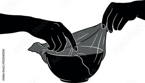 Silhouette Vector of Hands Stretching Plastic Wrap Over Bowl for Food Preservation