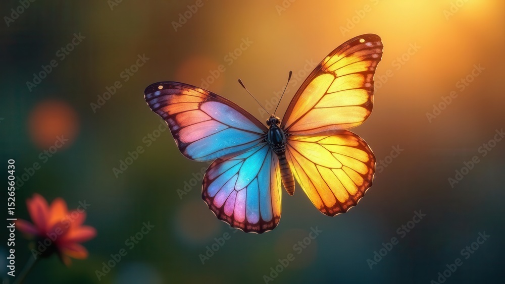 Fototapeta premium A radiant iridescent butterfly in flight, bathed in the warm glow of the setting sun, amidst a soft-focus natural backdrop of blooming flora.