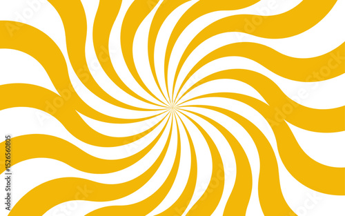 Abstract dynamic vibrant background with bright yellow and white spiral rays. Sunburst pinwheel design, with sense of movement and energy. Wavy, curved stripes twist with a visual illusion of spinning