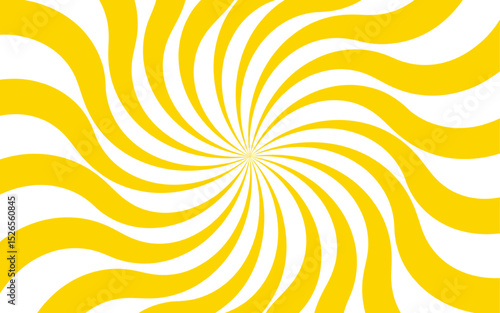 Abstract dynamic vibrant background with bright yellow and white spiral rays. Sunburst pinwheel design, with sense of movement and energy. Wavy, curved stripes twist with a visual illusion of spinning