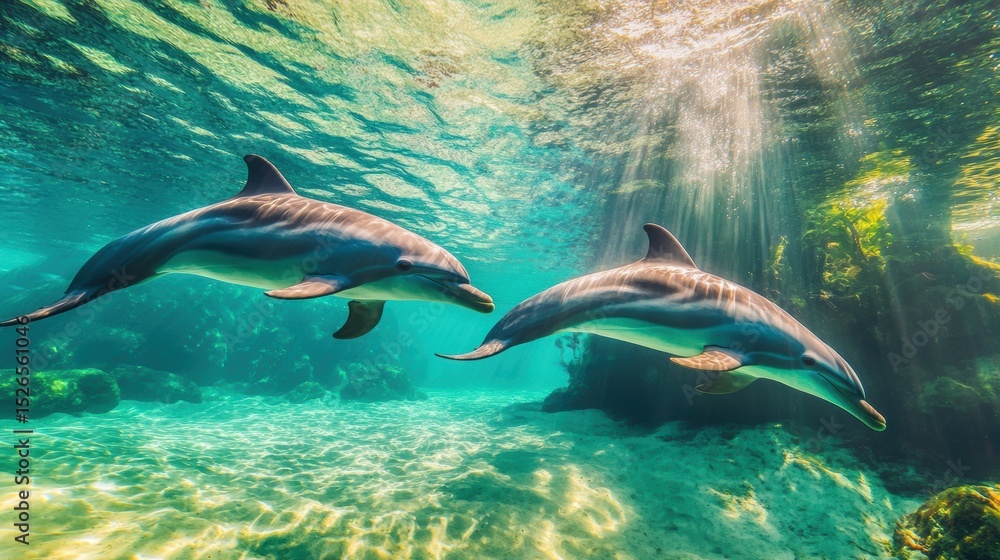 Naklejka premium Two dolphins glide gracefully through clear turquoise waters, illuminated by shimmering sunlight filtering from above, This enchanting underwater scene is perfect for ocean-themed projects