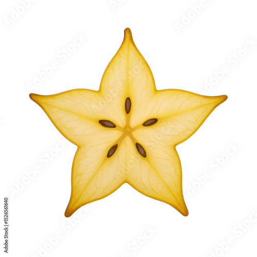 Vibrant yellow starfruit slice in cross section. Fresh tropical carambola fruit presenting healthy and appealing food choice, perfect for natural diet