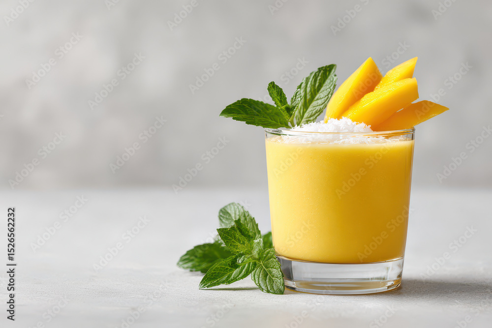 Fototapeta premium refreshing mango and coconut smoothie in clear glass placed on light background