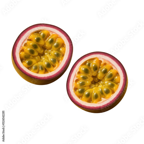 Two vibrant passion fruit halves showing juicy yellow pulp and seeds. fresh, ripe, exotic, and tropical fruit full of sweet temptation, isolated on transparency background