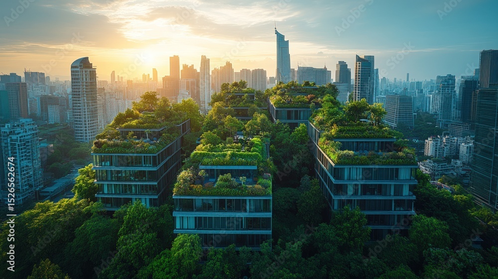 Obraz premium Lush green rooftops adorn modern city buildings at sunrise
