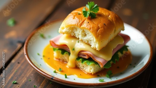 Delicious Ham and Cheese Slider with Melted Cheese Sauce on a Rustic Wooden Table