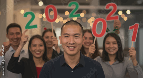 Multicultural team celebrating 2022 new year, office gathering, happy staff