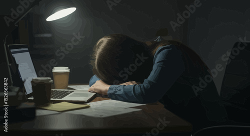 Exhausted woman falls asleep at her desk after working long hours late into the night