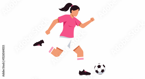 Cartoon illustration of a female soccer player kicking a ball, with sportswear