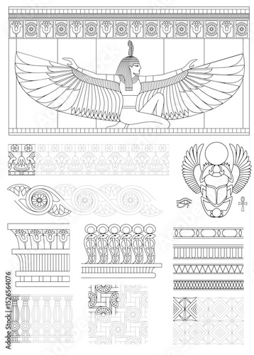 Set of ancient Egyptian ornament patterns. Blanks for stained glass coloring, embroidery
