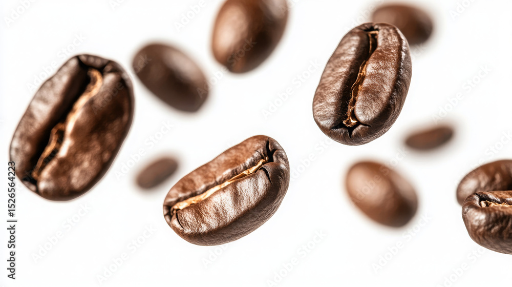 Fototapeta premium Coffee beans suspended mid-air against a white background.