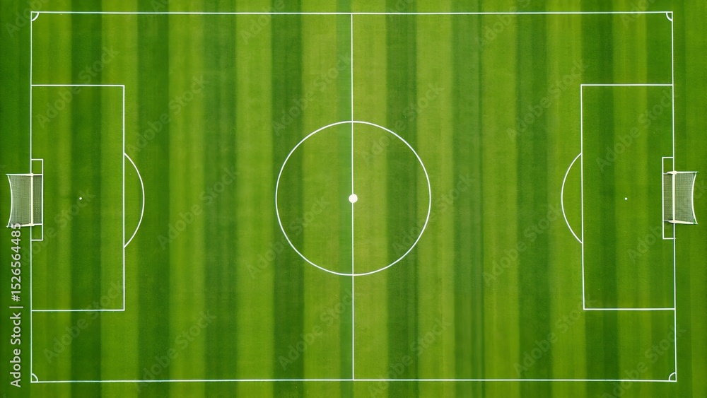 Top-Down View of Lush Football Field with Central Ball, Goalposts, and Faint National Flag Patterns Top-Down View of Lush Football Field with Central Ball, Goalposts, and Faint National Flag Patterns