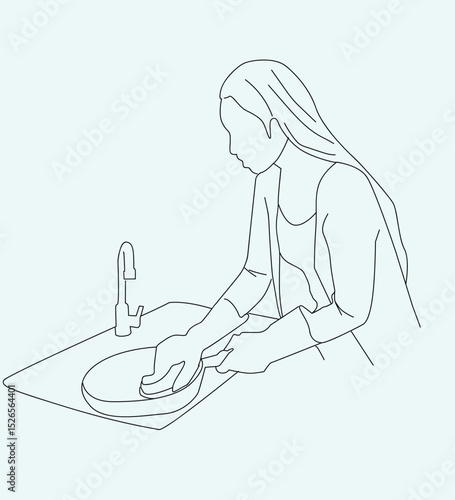 line art housewife washing dishes. Housewife washing dishes in the kitchen