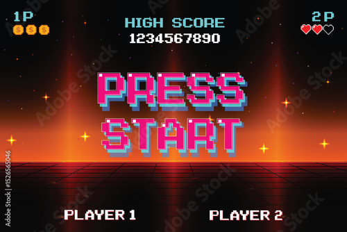 PRESS START. pixel art .8-bit game. Retro Futurism Sci-Fi Background. glowing neon grid. and stars from vintage arcade computer games