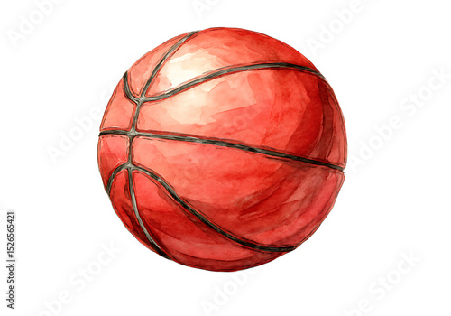 Watercolor painting of a red basketball on black background, On Transparent Background