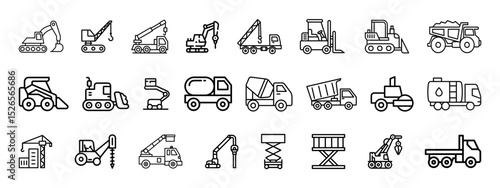 Construction vehicle line icon set. Heavy machinery outline icon. Bulldozer, loader, grader, paver, roller, lowboy hauler, hydraulic lift, utility, crane, concrete mixer vector illustration.