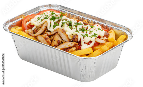 Grilled Chicken with French Fries in Aluminum Takeaway Container with Mayonnaise, Ketchup, and Parsley Garnish – Isolated on transparent background