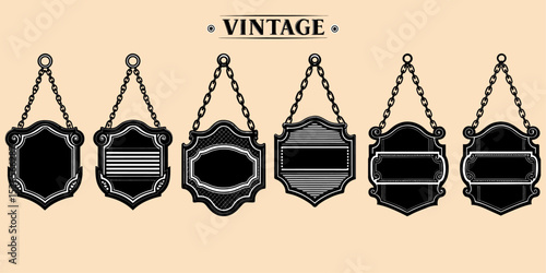 Set of black and white vintage shop signs hanging by chains, empty and ready to customize