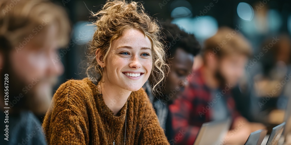 Fototapeta premium Candid, over-the-shoulder shot captures diverse university students collaborating at a table in a modern library, engaged in a lively, focused discussion.