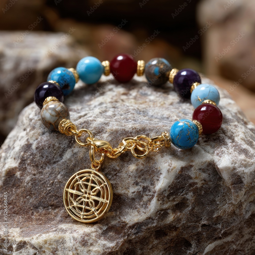 A bracelet with a gold charm and colorful beads A bracelet with a gold charm and colorful beads