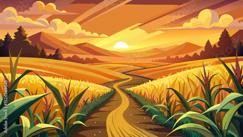 A golden cornfield stretches across the countryside at sunset, glowing under a vivid orange sky with crops swaying gently in the breeze, capturing the   Very beautiful