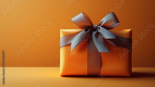 Gift box, tied with a gray ribbon, sits on an orange background