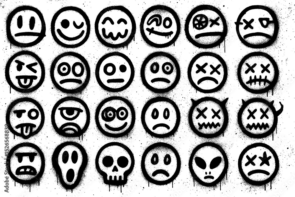 Graffiti Emoticon Faces Collection – Spray Paint Street Art in Black and White, Funny, Creepy, Angry, Weird Characters, Grunge Expressions Graffiti Emoticon Faces Collection – Spray Paint Street Art in Black and White, Funny, Creepy, Angry, Weird Characters, Grunge Expressions