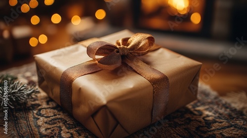 A wrapped gift sits on a patterned rug, bathed in warm light from a fireplace and Christmas lights