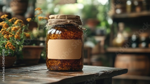 A large glass jar with a light brown label sits on a rustic wooden table.  Blurred background displays plants, containers and a wooden interior