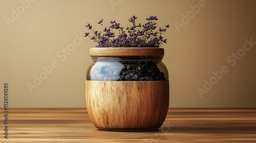 Wooden jar with lavender and dark-colored items inside, on a light-brown wooden surface