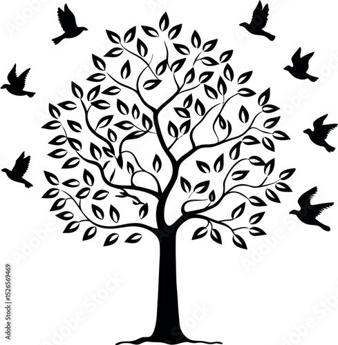 Tree silhouette shaped from flock of birds