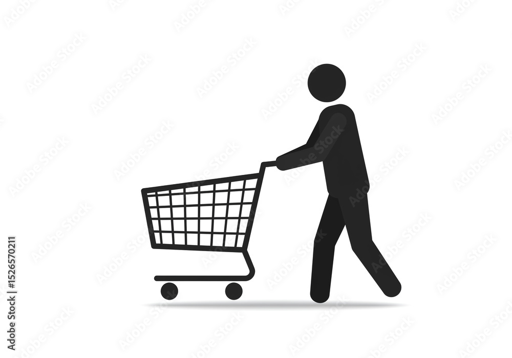 A black stick figure pushing a shopping cart on a white background in a minimalist style image A black stick figure pushing a shopping cart on a white background in a minimalist style image