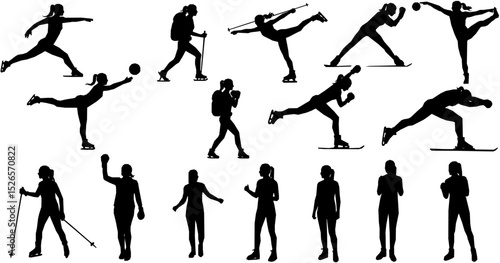 Set collection of various woman sports exercising silhouettes isolated vector design
