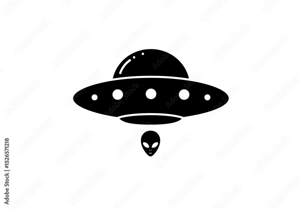 A black and white illustration of a ufo with an alien head underneath it on a white background A black and white illustration of a ufo with an alien head underneath it on a white background
