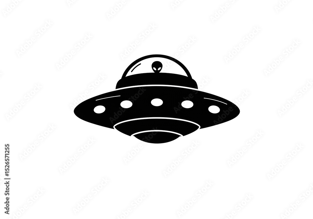A black and white graphic of a ufo with an alien inside on a white background illustration style A black and white graphic of a ufo with an alien inside on a white background illustration style