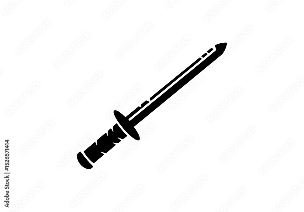 Fototapeta premium Isolated black silhouette of a sword with a textured hilt on a plain white background art design