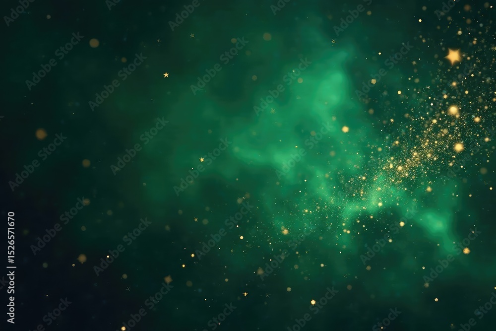 Fototapeta premium Dark green background with sparkling gold stars, celestial night sky, cosmic dust , dust, shine, stars