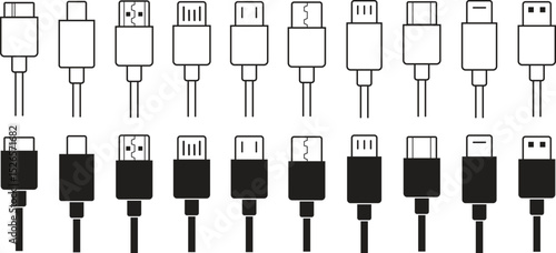 USB cable connector icon set. USB type C, A lightning and micro usb phone charger vector collection isolated transparent. Plug adapter symbol. Electronic device connector. Smartphone charger signs.