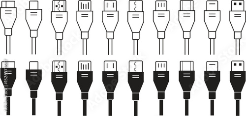 USB cable connector icon set. USB type C, A lightning and micro usb phone charger vector collection isolated transparent. Plug adapter symbol. Electronic device connector. Smartphone charger signs.