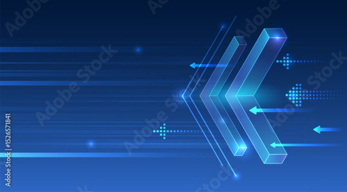 A futuristic background with vibrant 3D arrows and geometric lines moving across the horizon. The abstract design symbolizes data transfer, speed, technological flow and digital communication.