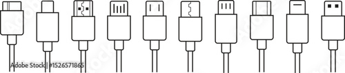 USB cable connector icon set. USB type C, A lightning and micro usb phone charger vector collection isolated transparent. Plug adapter symbol. Electronic device connector. Smartphone charger signs.