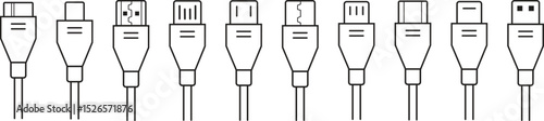 USB cable connector icon set. USB type C, A lightning and micro usb phone charger vector collection isolated transparent. Plug adapter symbol. Electronic device connector. Smartphone charger signs.