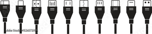 USB cable connector icon set. USB type C, A lightning and micro usb phone charger vector collection isolated transparent. Plug adapter symbol. Electronic device connector. Smartphone charger signs.