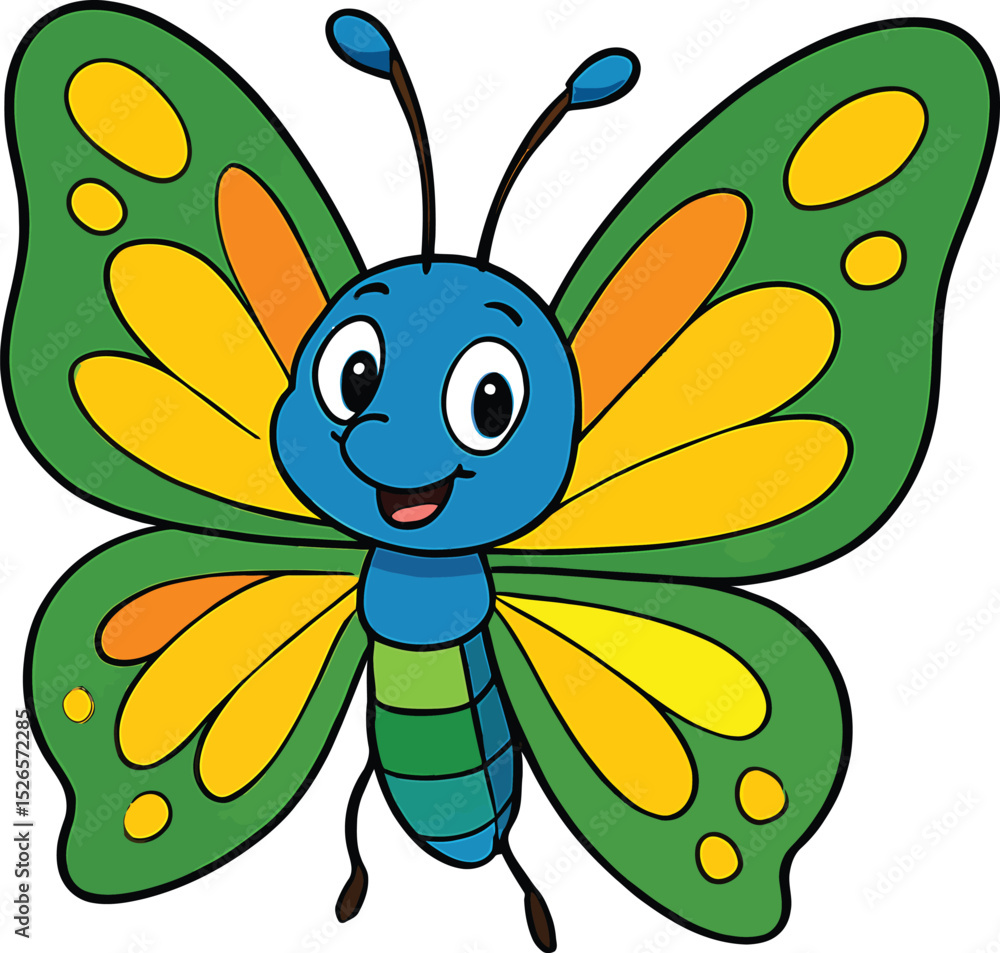 Cheerful Cartoon Butterfly with Colorful Wings on White Background Cheerful Cartoon Butterfly with Colorful Wings on White Background