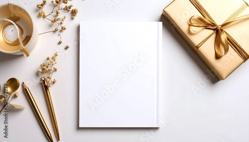 A blank white book lies on a table with golden pens, a candle in a white cup, dried flowers, and a present wrapped with a golden ribbon in bright light.