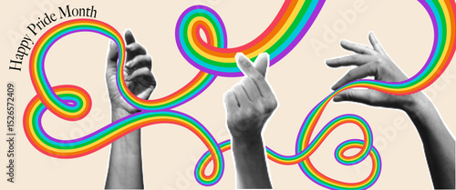 Happy Pride Month background. 2025 Gay Pride Month festival vector banner. Collage cut out paper elements halftone hands holding wavy pride flag in heart shape for LGBT events invitation 