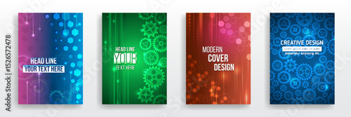 A collection of modern abstract flyer and brochure designs featuring hexagons, gears, light effects and gradients. Perfect for tech, engineering or business themed presentations and templates.